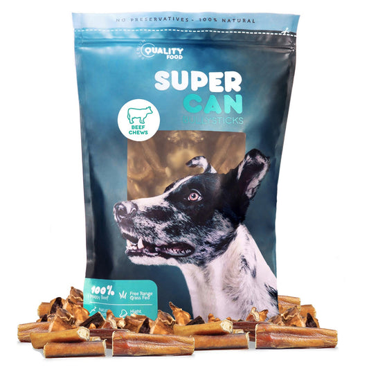 Purrfect Pet Kingdom Super Can Bully Bites Dog Chews in a resealable bag with natural beef sticks