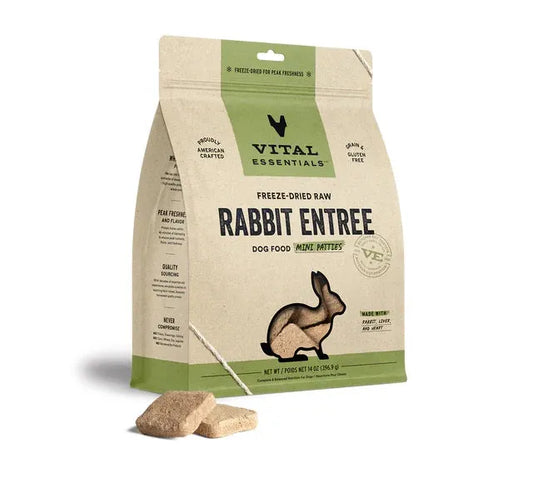 Rabbit Mini Patties Dog Food by Vital Essentials in a 14oz bag, perfect for dogs, available at Purrfect Pet Kingdom®.