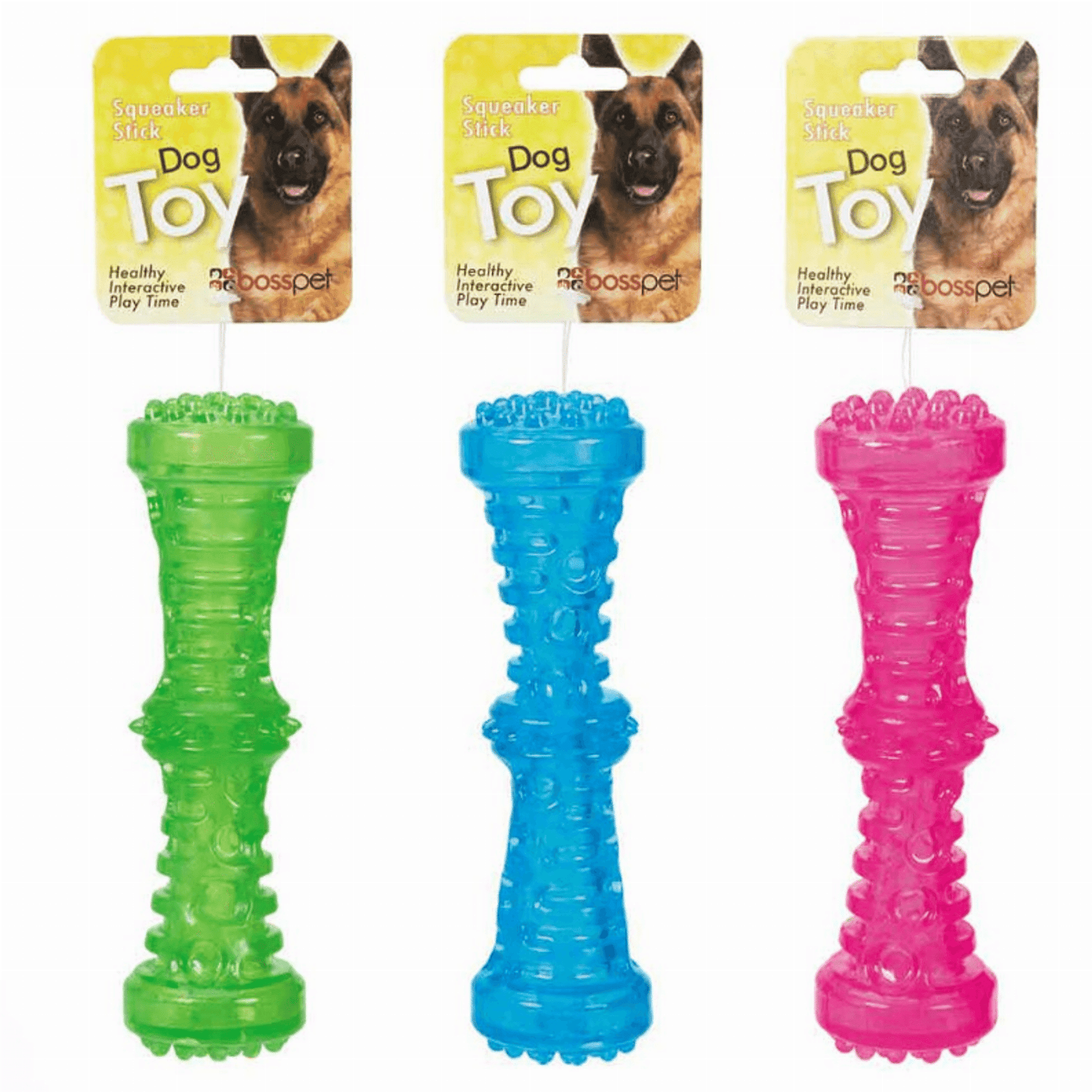 Purrfect Pet Kingdom durable chew sticks in green blue and pink long-lasting squeaky pet toy for dogs