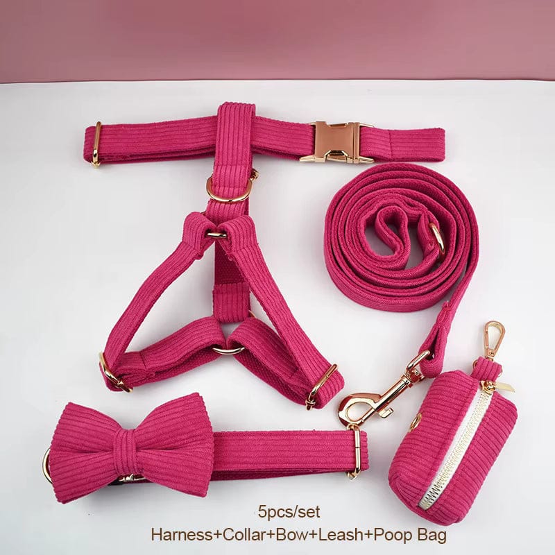 Mei Red Corduroy Dog Harness Set with Soft Cotton Lining Ch