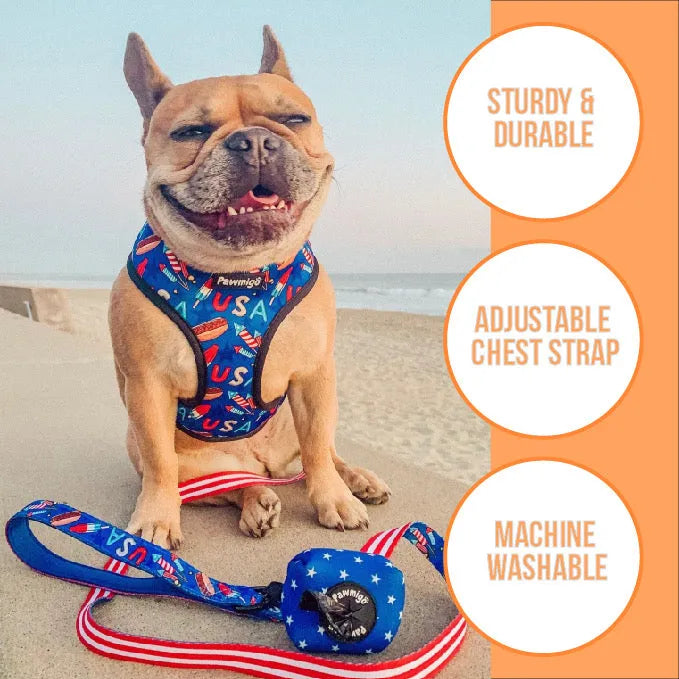 Red and white Bark Reversible Harness by Pawmigo, available in XS, S, and M, perfect for stylish pet adventures.