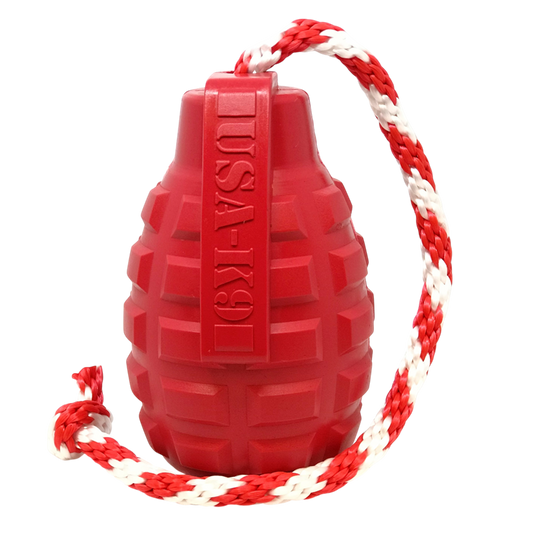 USA-K9 Grenade Durable Rubber Chew Toy, Treat Dispenser, Reward Toy, Tug Toy, and Retrieving Toy