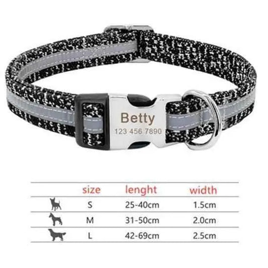 Personalized pet ID collar by Purrfect Pet Kingdom in black with reflective strip and engraved name tag