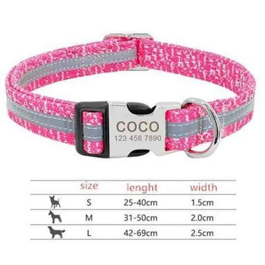 Pink personalized pet ID collar with reflective strip and metal buckle from Purrfect Pet Kingdom