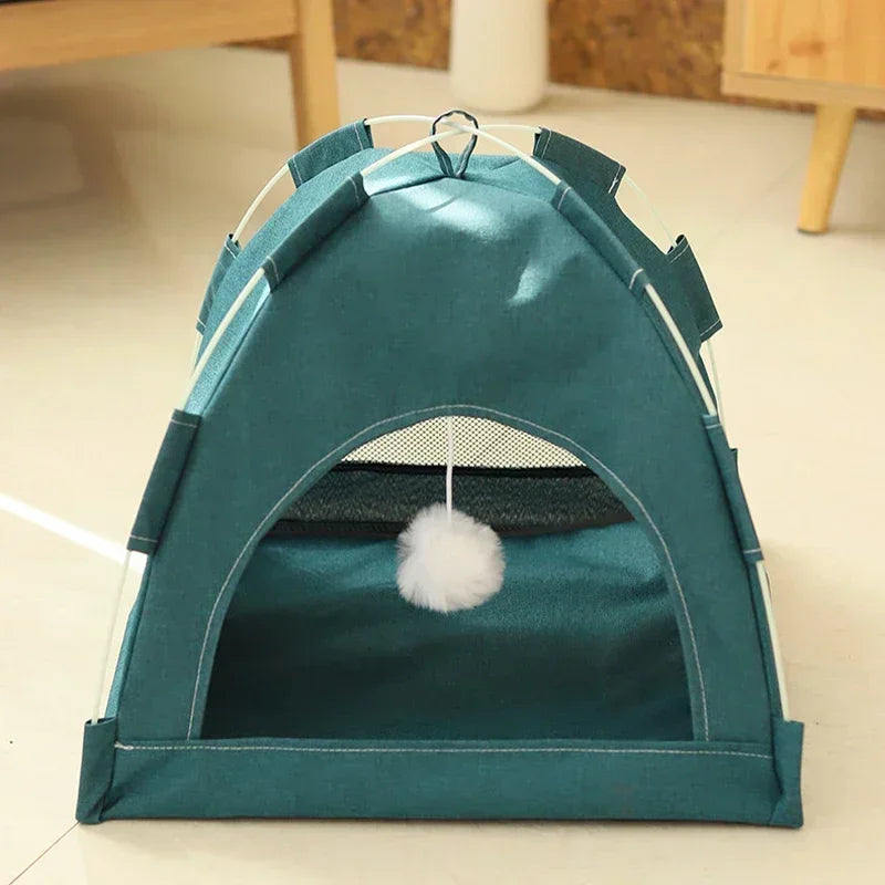 Tail Chasers removable pet tent bed in teal with playful pom pom for cozy cat lounging