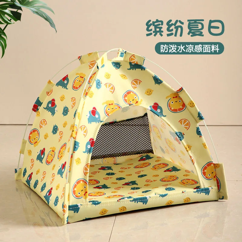 Tail Chasers removable pet tent bed for cats with a fun dinosaur pattern and mesh ventilation