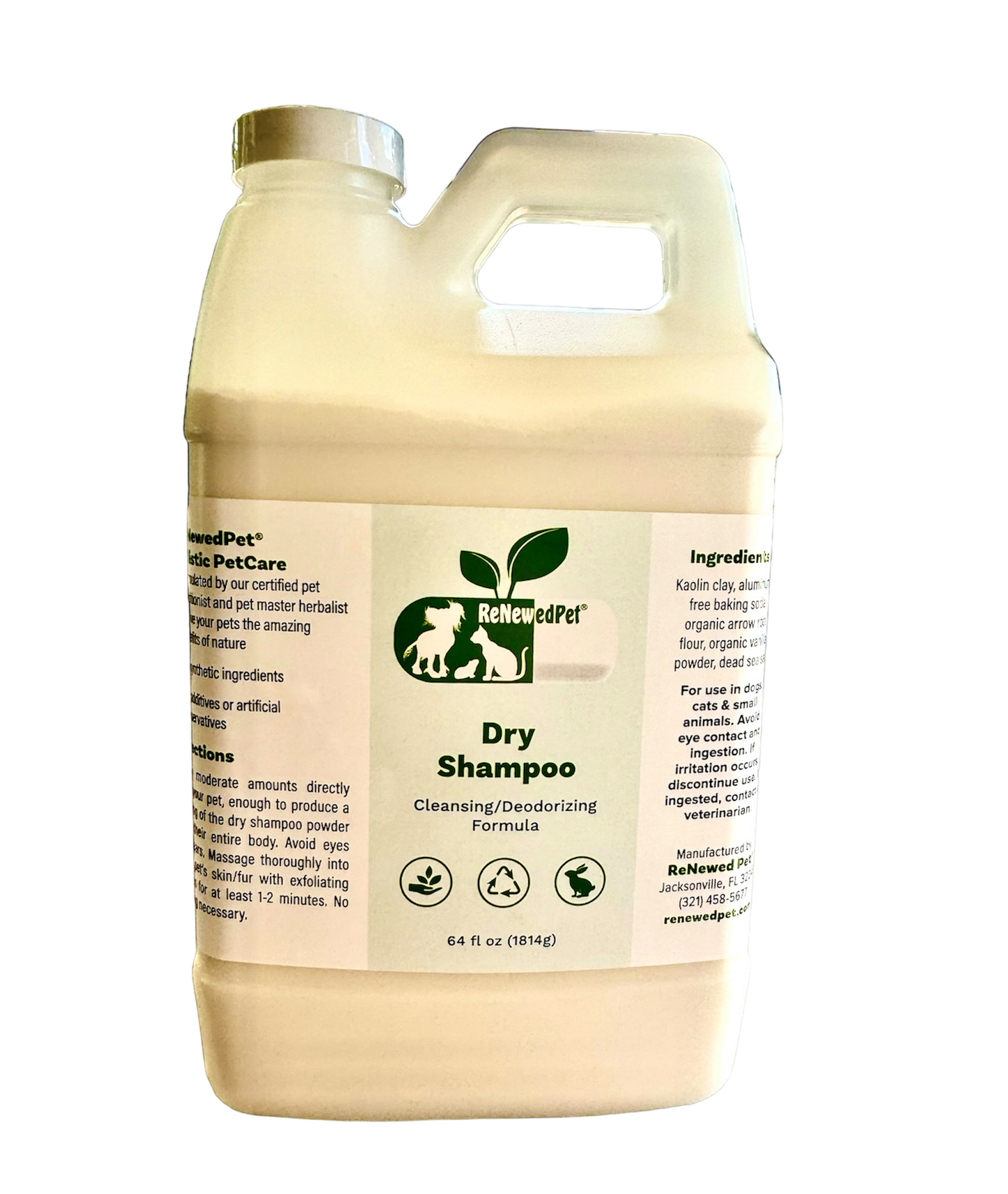 ReNewedPet all natural dry shampoo for pets in a 64 oz bottle with cleansing and deodorizing formula
