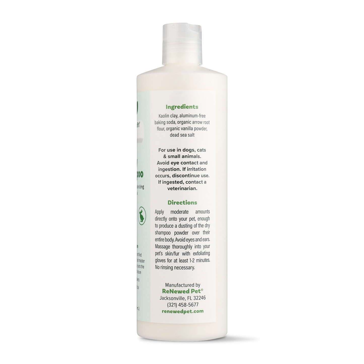 ReNewedPet all natural dry shampoo for pets in a bottle with clear ingredient and usage information