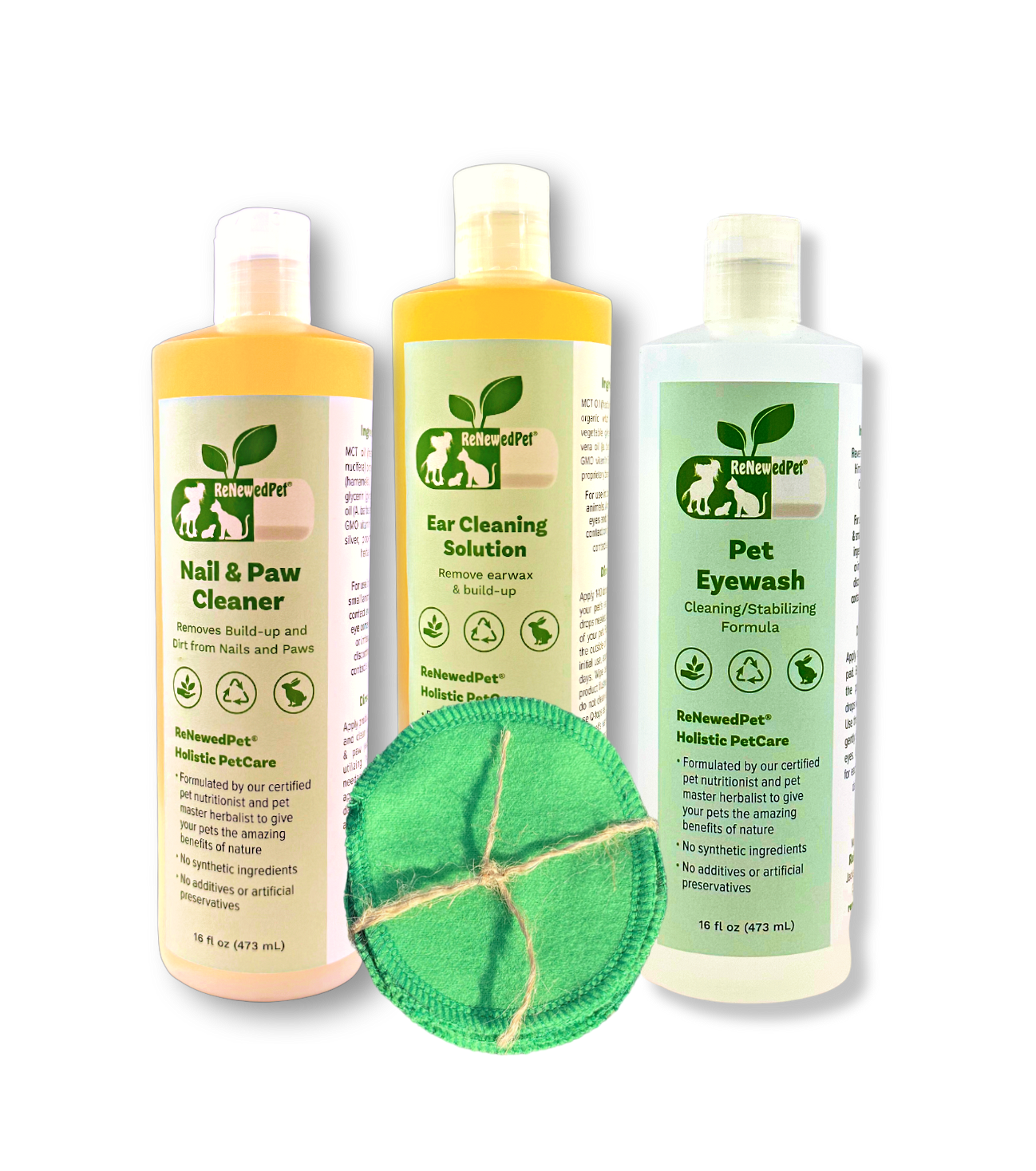 ReNewedPet dog and cat ear and eye wash set with natural cleaning solutions for pet hygiene