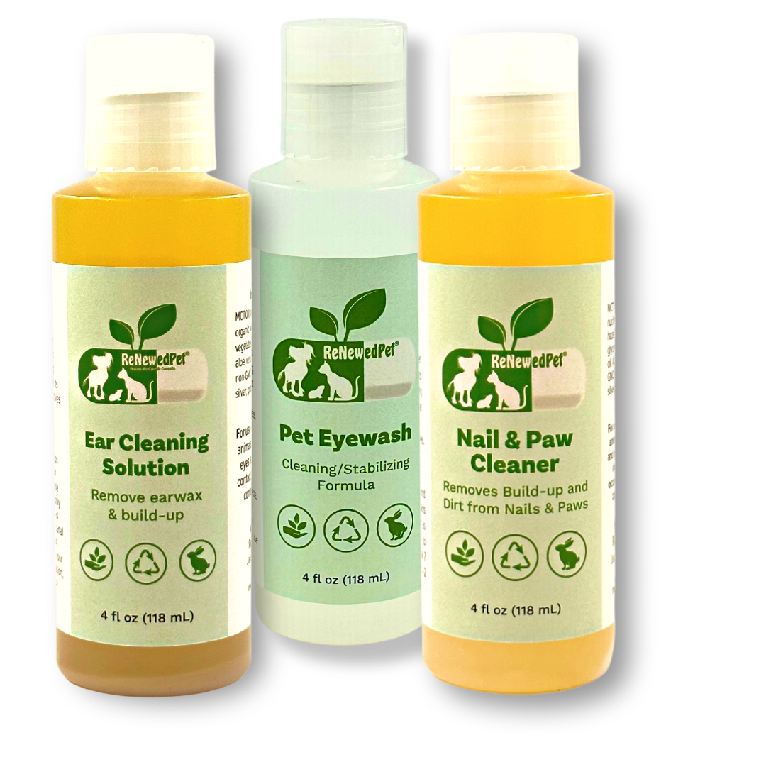 ReNewedPet dog and cat ear and eye wash set with ear cleaning, eye wash, and nail cleaner bottles