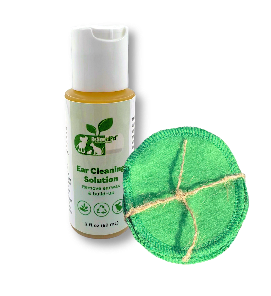 ReNewedPet Ear Cleaning Solution for pets in 2 oz bottle with reusable cleaning pad for wax removal