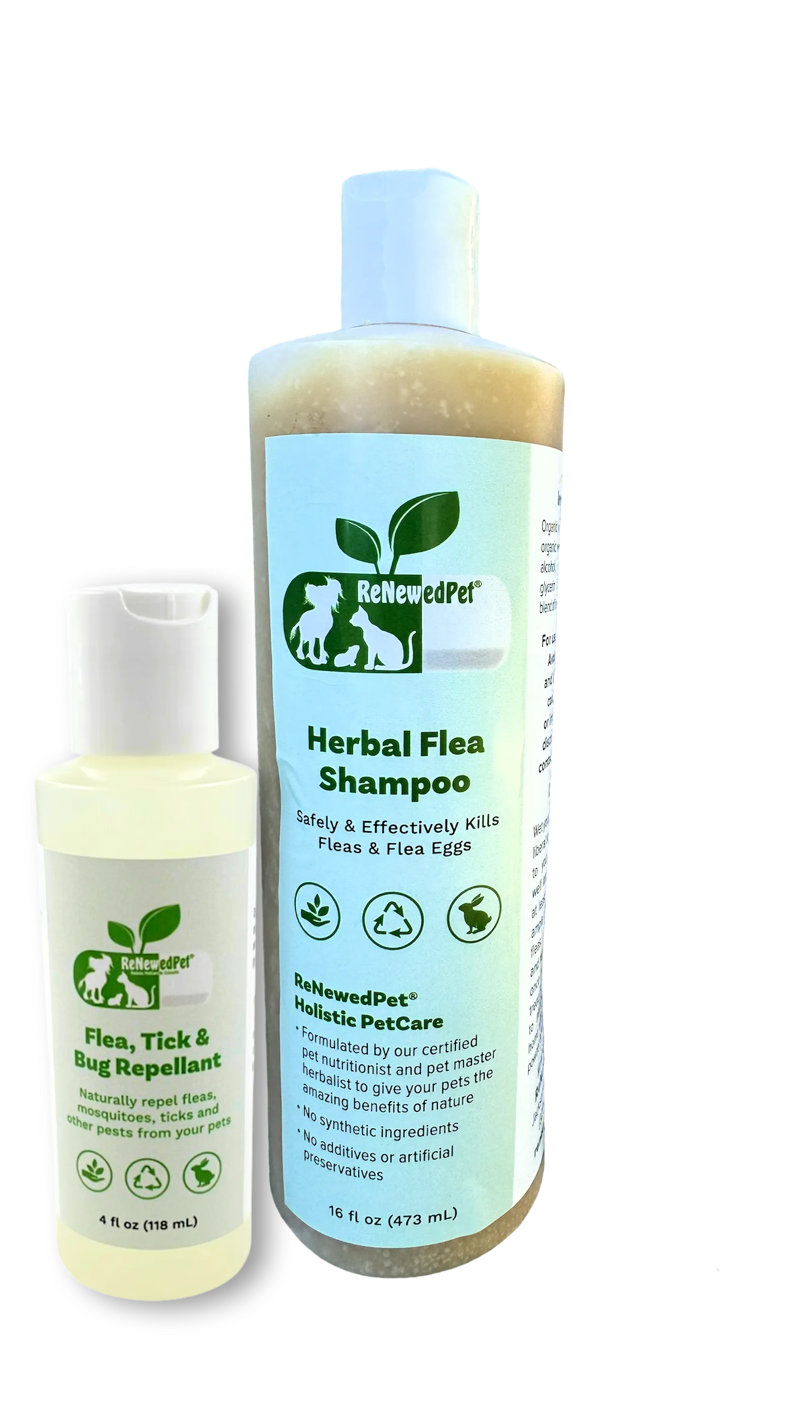 ReNewedPet Flea-X Kit includes organic flea shampoo and bug repellent, available in 2 oz., 8 oz., and 16 oz. sizes.