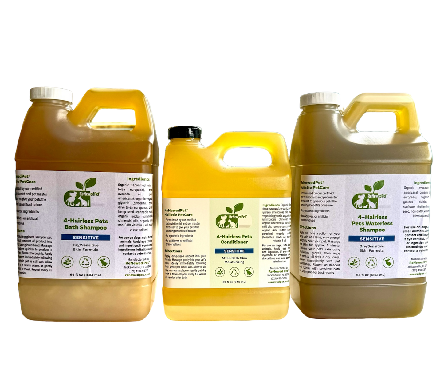 ReNewedPet gentle pet shampoo for sphynx and hairless breeds in 64 oz bottles for sensitive skin.