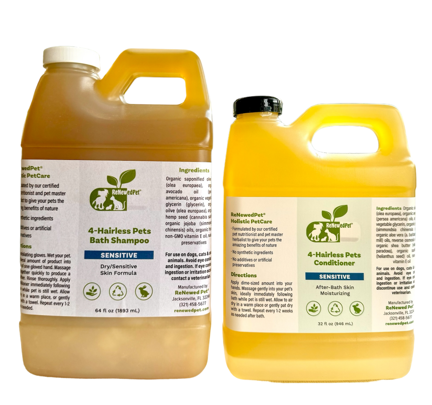 ReNewedPet 4-Hairless Pets Bath Shampoo and Conditioner for sensitive skin in large bottles