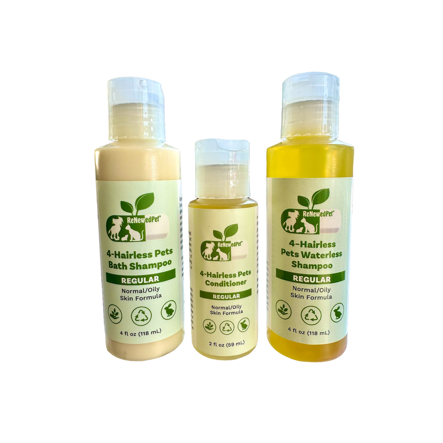 ReNewedPet hairless pet shampoo and conditioner kit with regular formulas for normal and oily skin