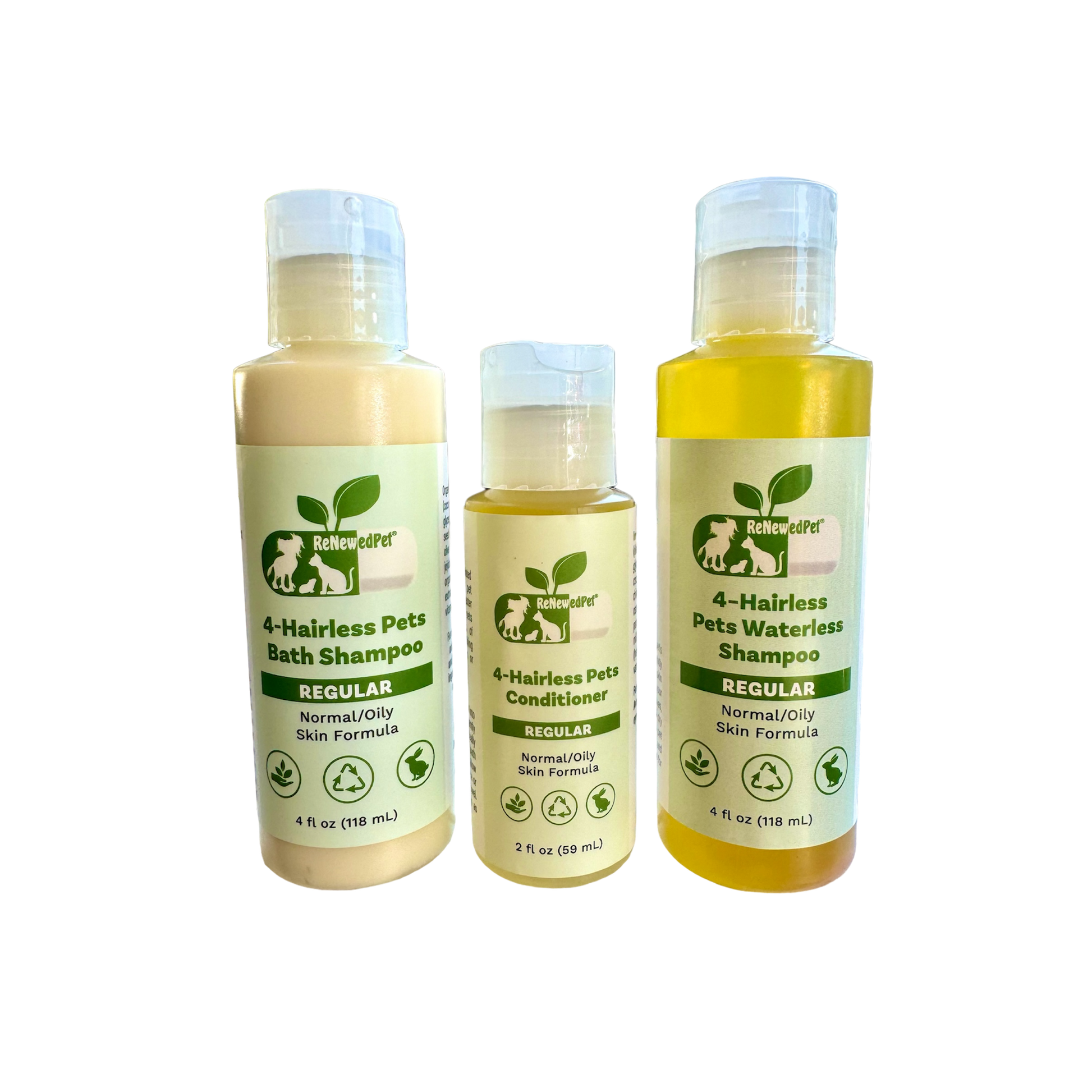 ReNewedPet hairless pet shampoo and conditioner kit with regular formulas for normal and oily skin