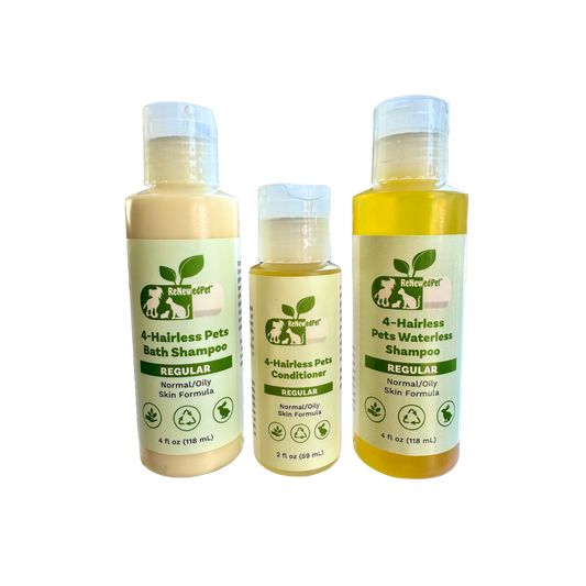 ReNewedPet hairless pet shampoo and conditioner kit with regular formulas for normal and oily skin