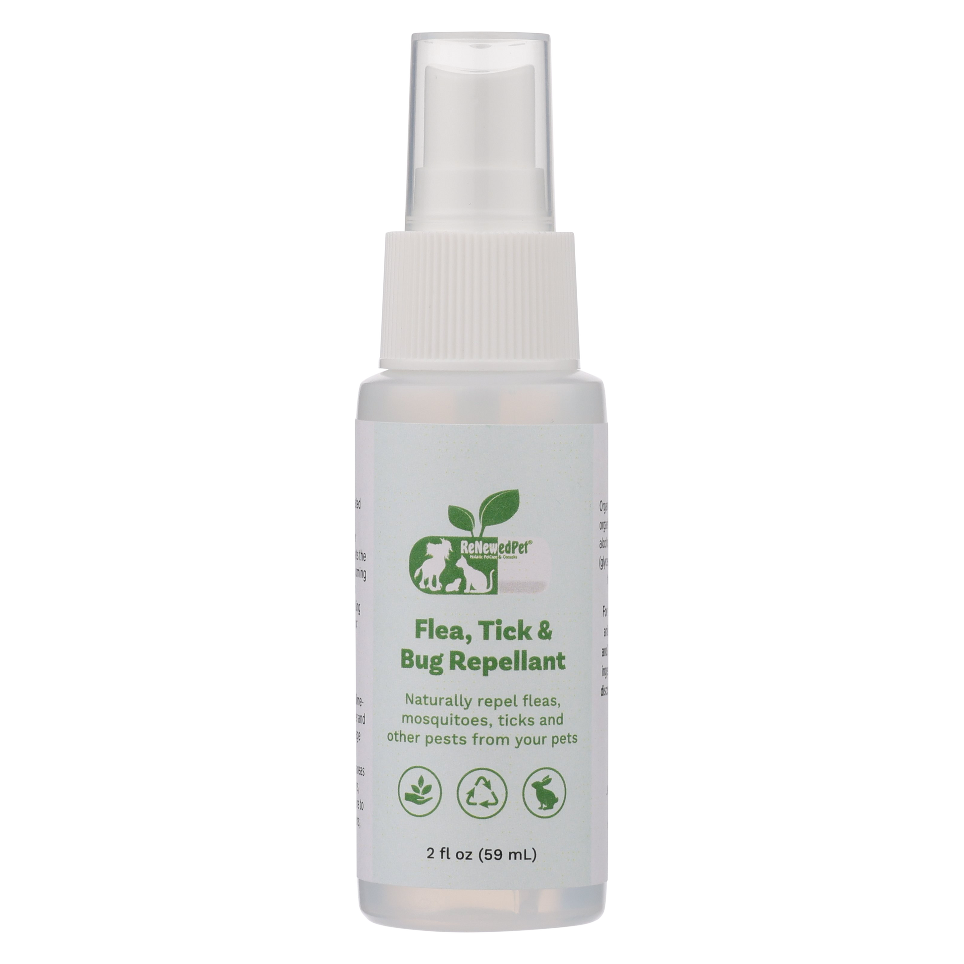 ReNewedPet pet flea and tick repellent spray in a 2 oz bottle for effective pest protection
