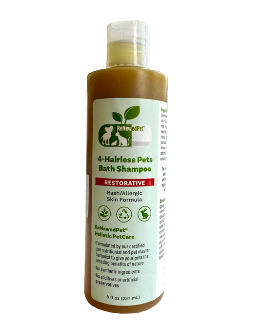 ReNewedPet Rash Relief Shampoo for Hairless Dogs in 8 oz bottle, designed for rash and allergic skin care