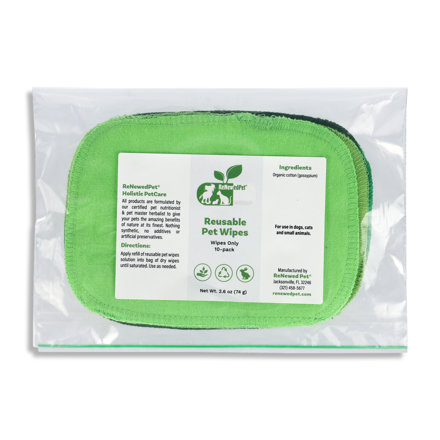 ReNewedPet reusable pet wipes in a 10-pack, eco-friendly for cleaning pets gently and effectively