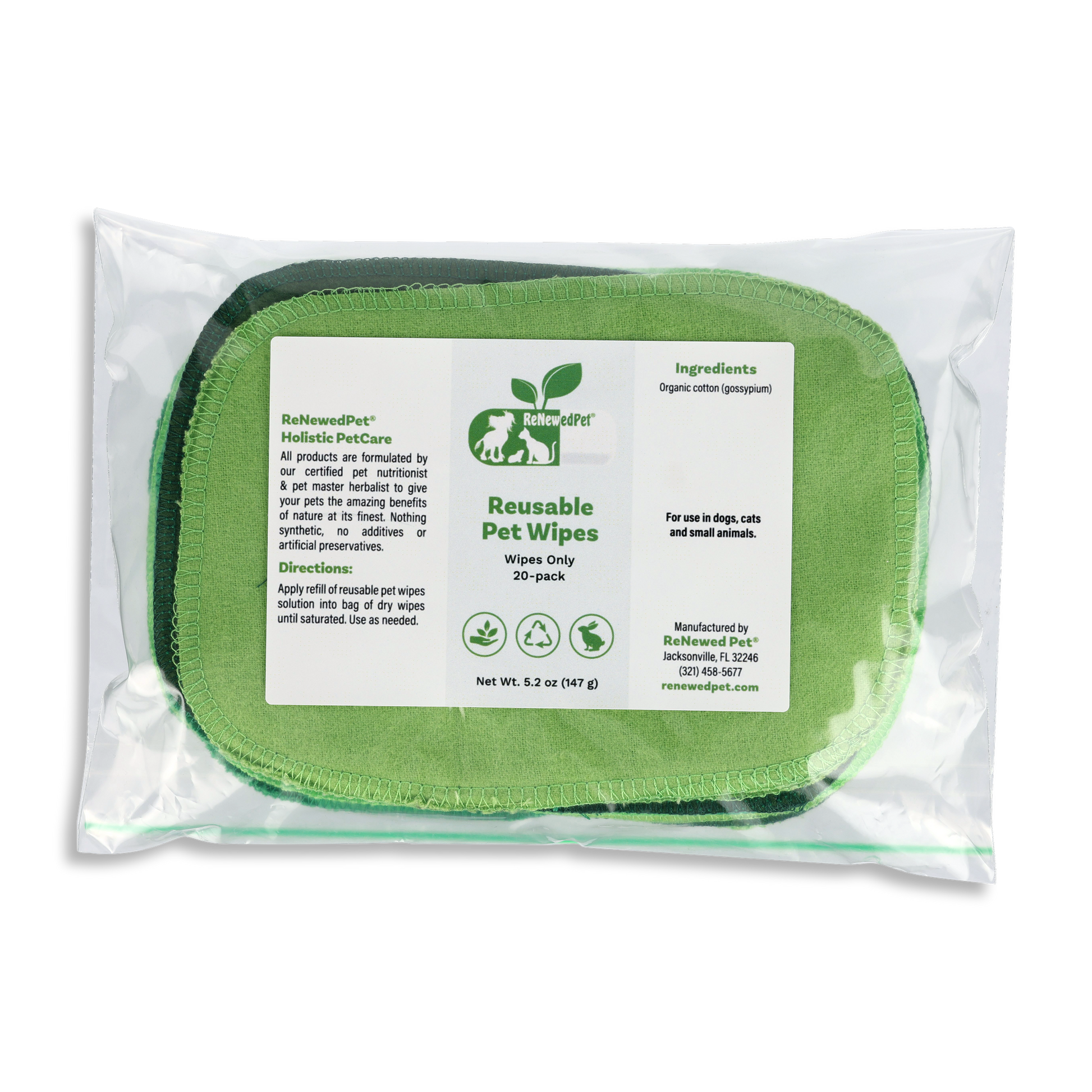 ReNewedPet reusable pet wipes in a green package, ideal for cleaning pets safely and effectively.
