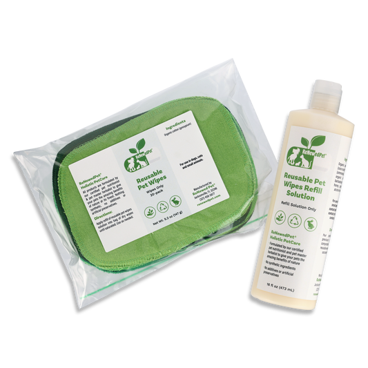 Reusable pet wipes by ReNewedPet with eco-friendly packaging and refill solution for easy cleaning