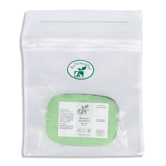 ReNewedPet reusable pet wipes in a resealable pouch for easy and convenient cleaning