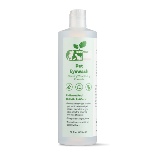 ReNewedPet Pet Eyewash 16 oz bottle, a safe eye wash for dogs and cats for gentle cleaning