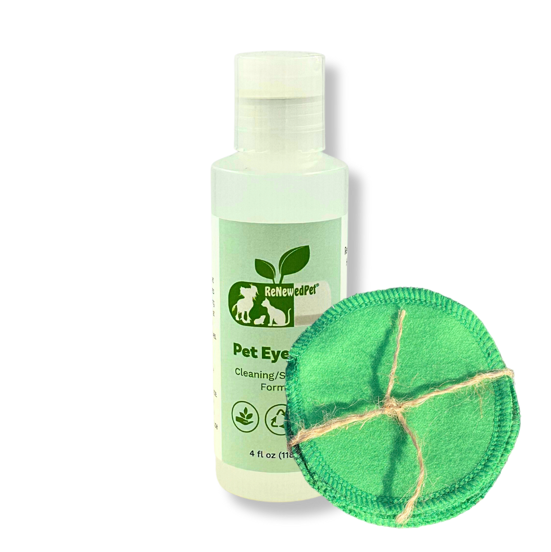ReNewedPet Pet Eye Cleaner with 4 oz bottle and cotton pad, a safe eye wash for dogs and cats.