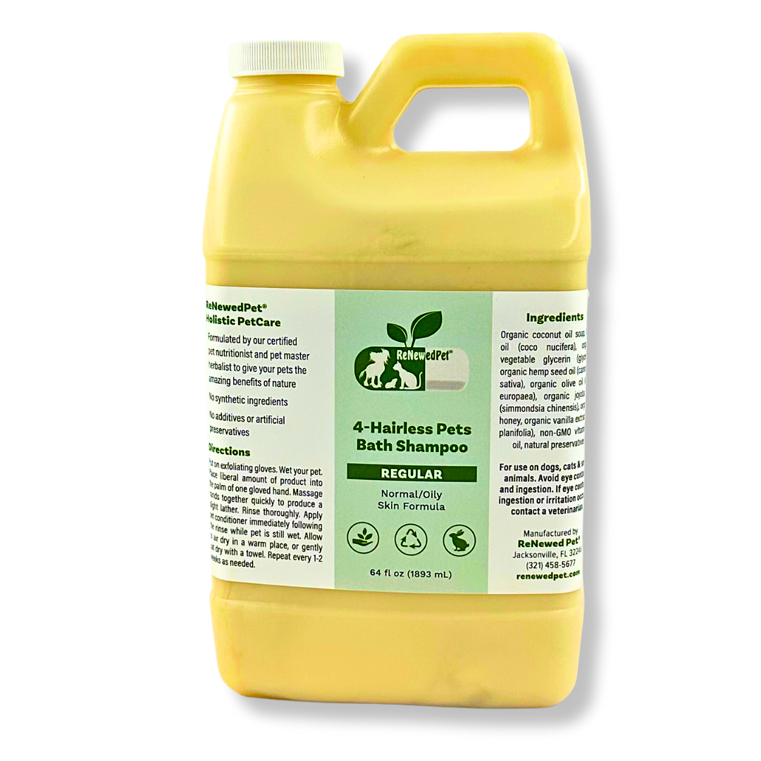 ReNewedPet 4-Hairless Pets Bath Shampoo in Yellow Bottle for shampoo for hairless cats and dogs