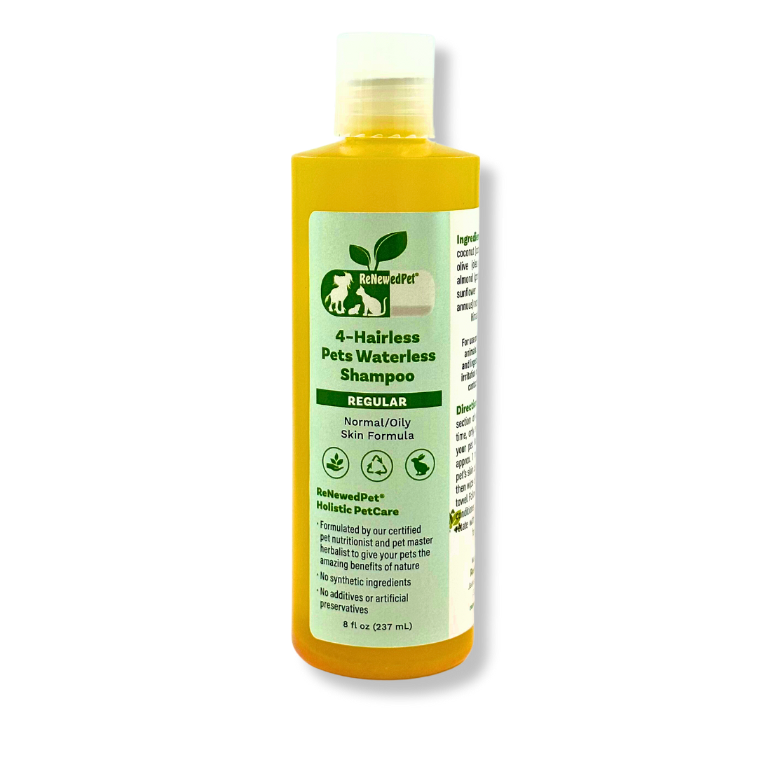 ReNewedPet waterless pet shampoo for sensitive skin in a yellow bottle with gentle formula for pets
