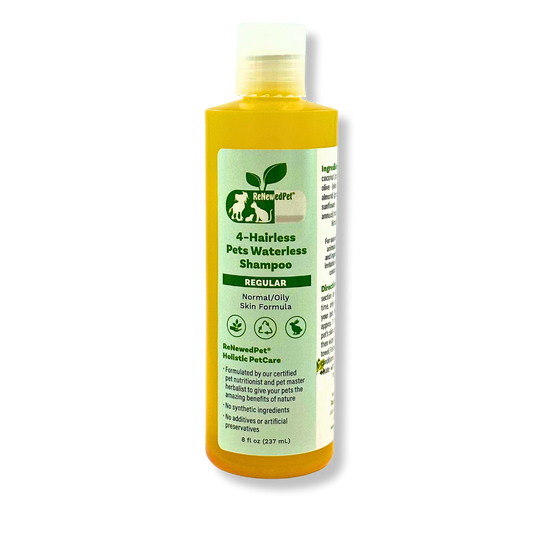 ReNewedPet waterless pet shampoo for sensitive skin in a yellow bottle with gentle formula for pets
