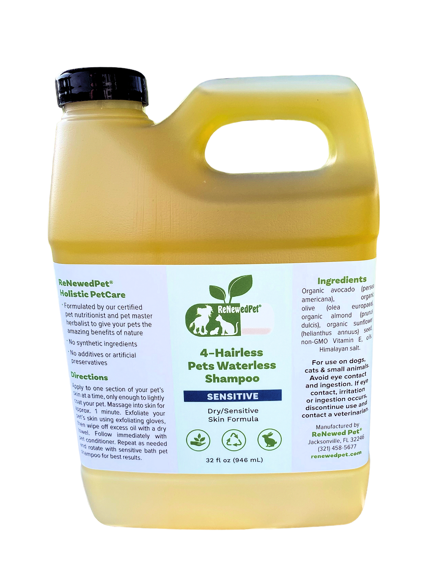 ReNewedPet waterless shampoo for sphynx cats in a 32 oz bottle for sensitive skin care