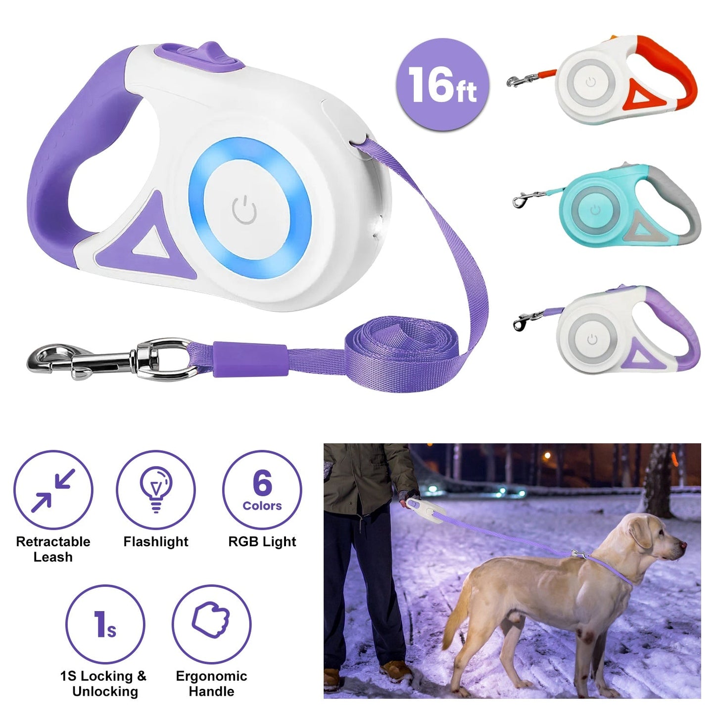 Retractable Dog Leash with 16ft Cord, Flashlight, and Ergonomic Handle for Easy Use