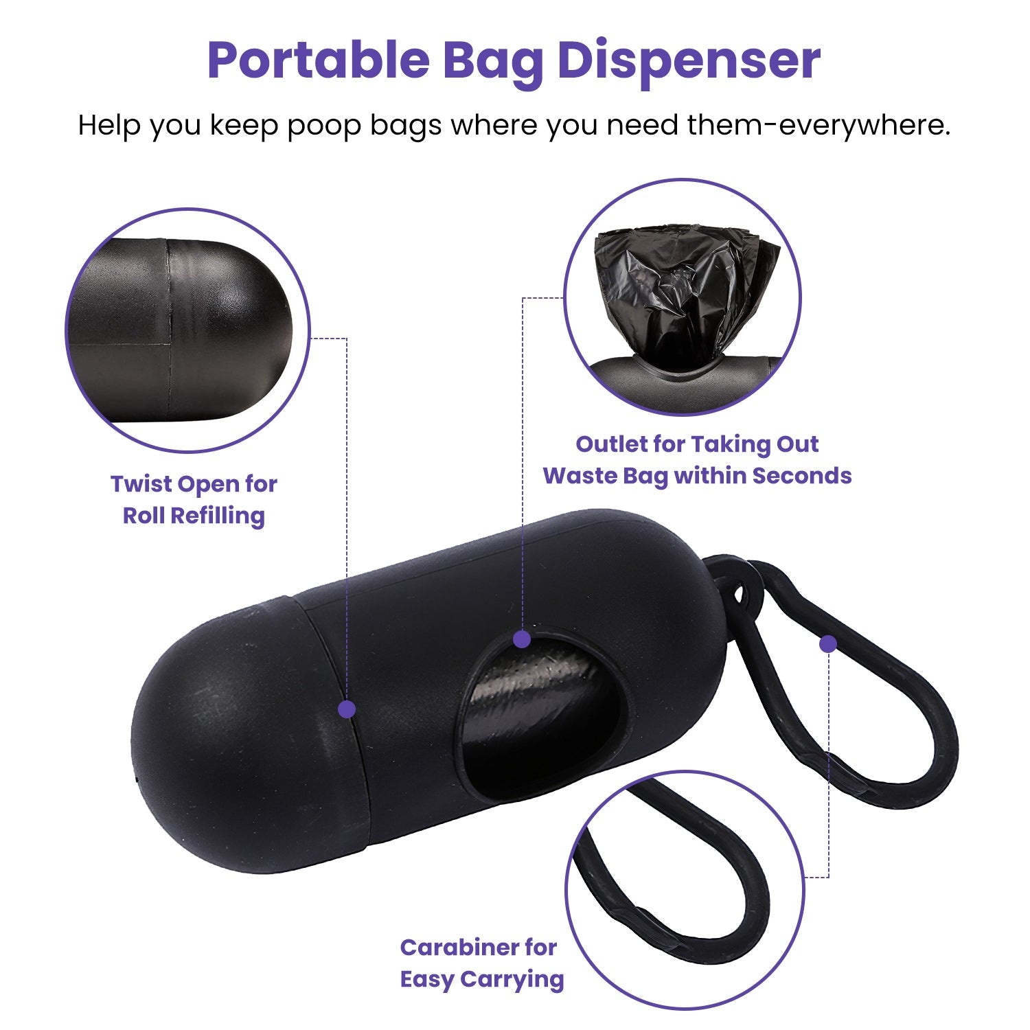 Portable Bag Dispenser for dog waste bags with carabiner for easy carrying and quick access
