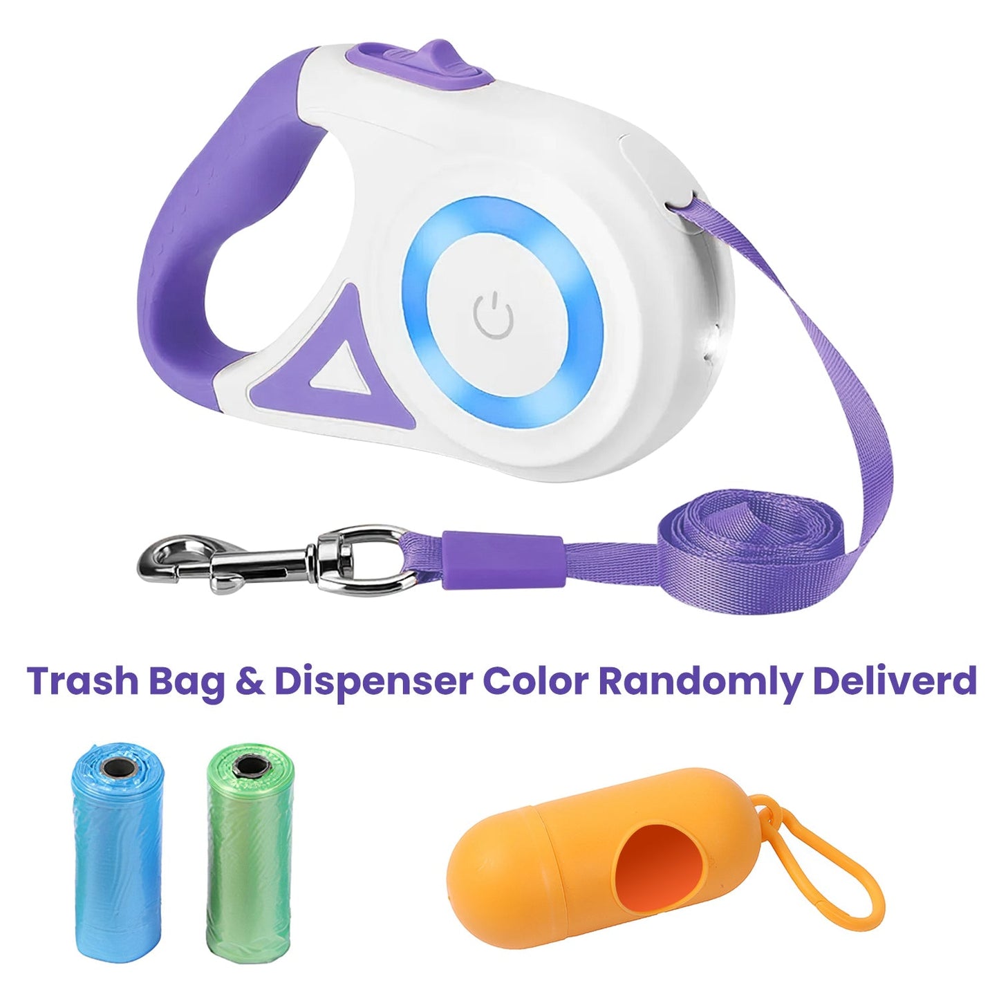 GBruno Store Retractable Dog Leash with LED Button and included trash bag dispenser in assorted colors