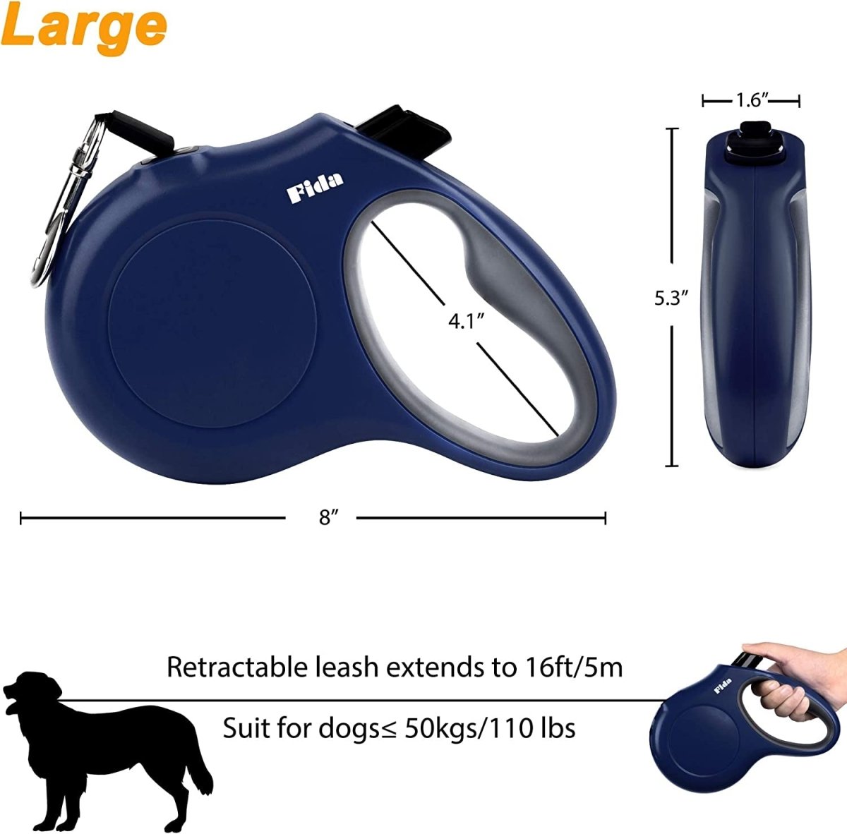 Purrfect Pet Kingdom Retractable Dog Leash in navy, extends to 16ft for dogs up to 110 lbs