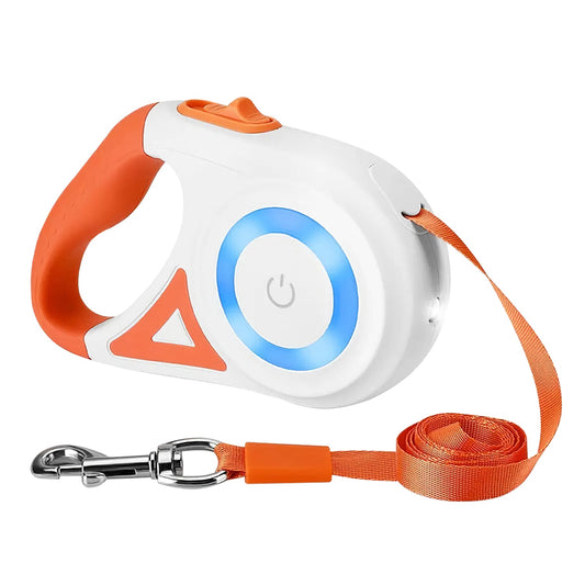Retractable Dog Leash in Orange and White with Easy Grip Handle and Durable Nylon Strap