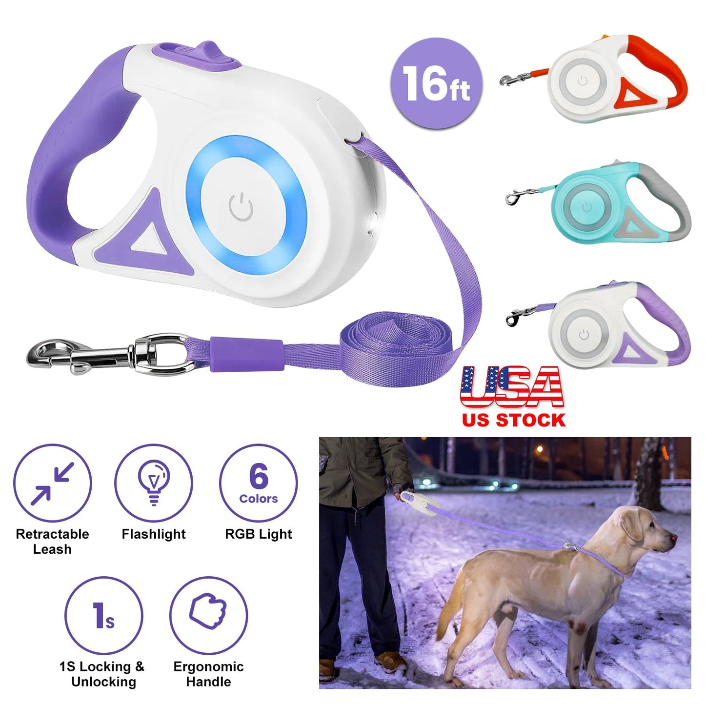 GBruno Store Retractable Dog Leash with 16ft of leash, flashlight, and ergonomic handle in various colors