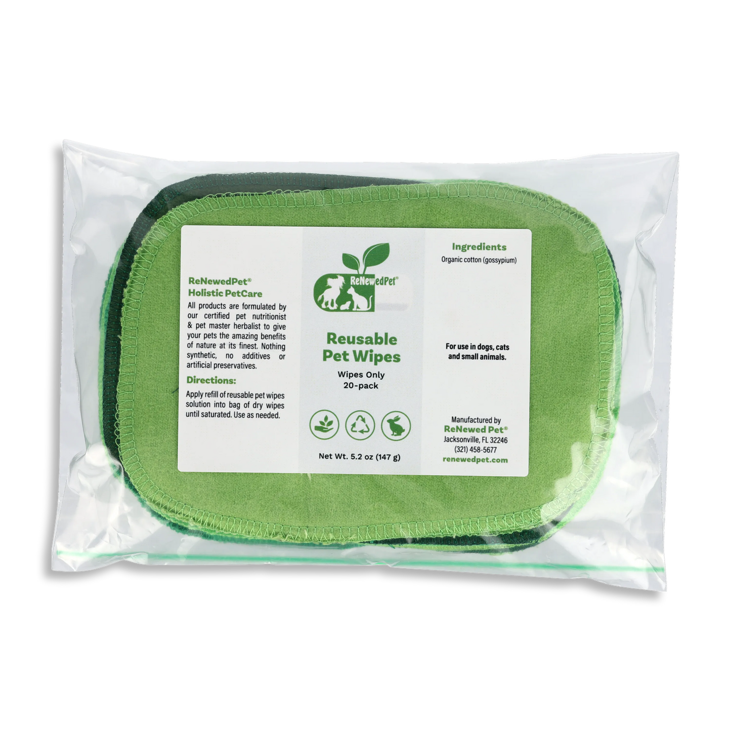 Reusable Pet Wipes by ReNewedPet in a natural cleansing solution, available in 10 or 20 wipes, perfect for cats.