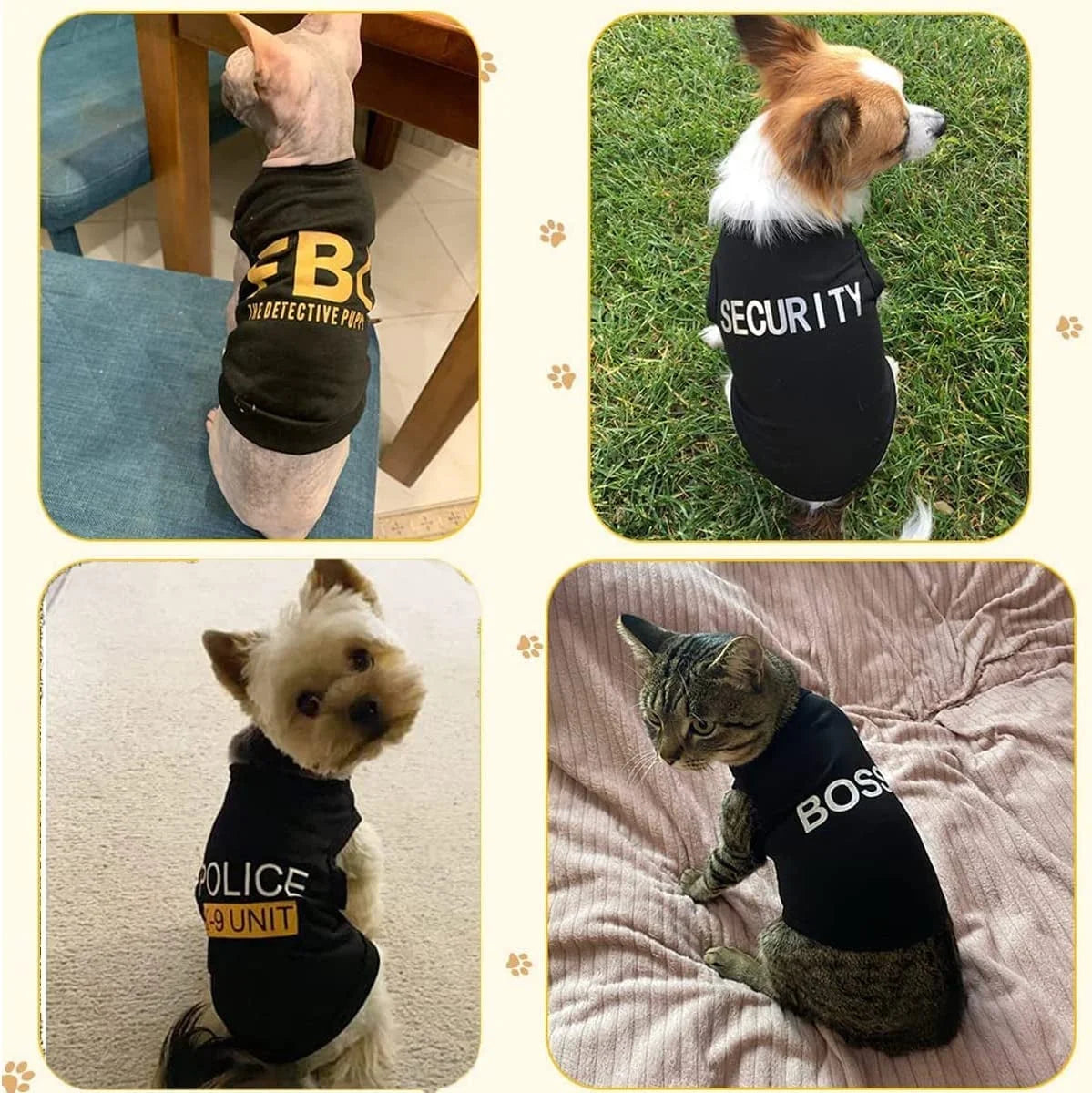 Funny pet shirts for small dogs featuring playful designs like police and security themes