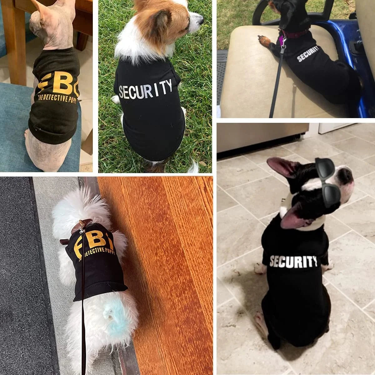 Funny pet shirts for small dogs featuring Security and FBI designs in various colors and styles