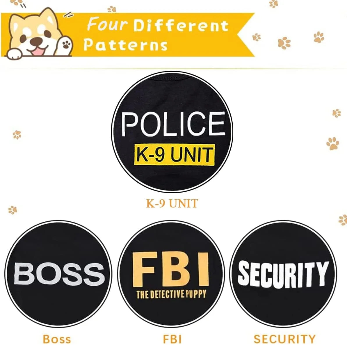 Four funny pet shirts for small dogs featuring K-9 Unit, Boss, FBI, and Security designs