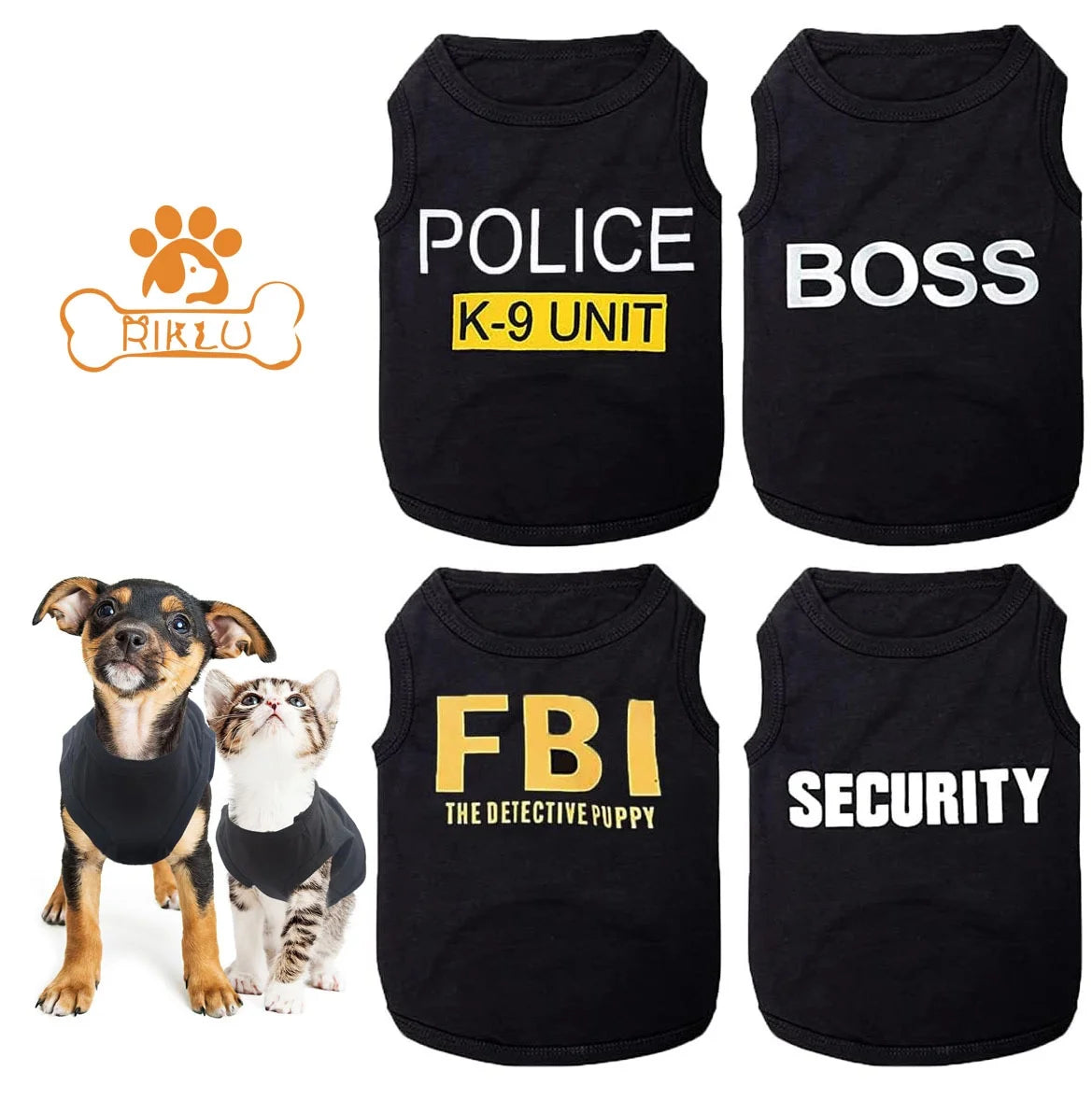 Funny pet shirts for small dogs featuring Police, Boss, FBI, and Security designs in black fabric