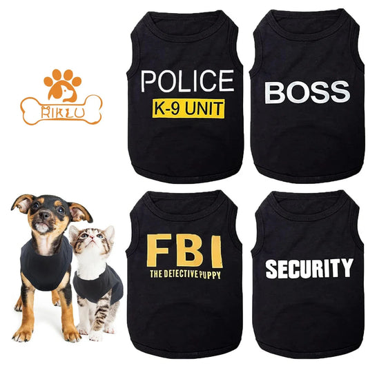 Funny pet shirts for small dogs featuring Police, Boss, FBI, and Security designs in black fabric