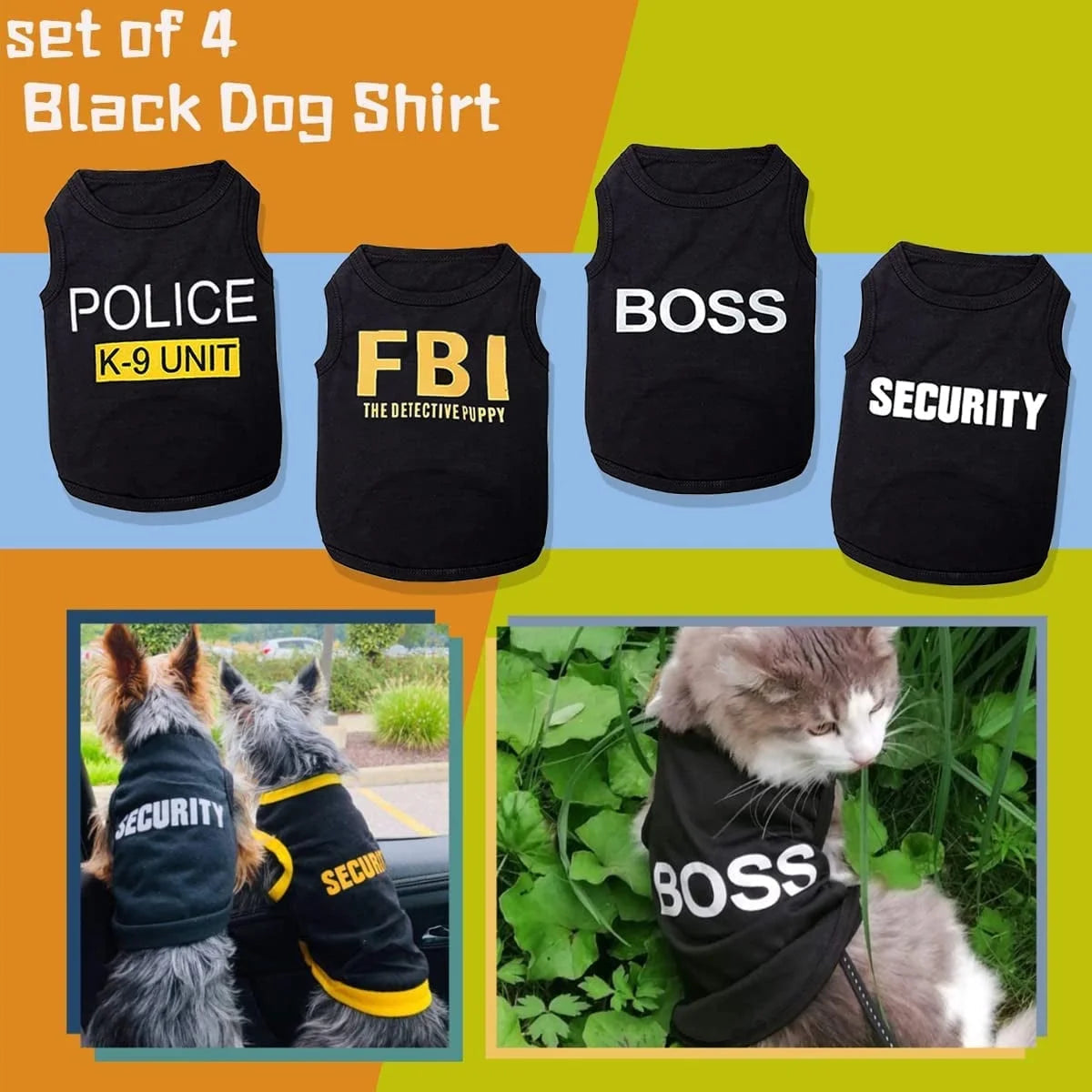 Set of 4 funny pet shirts for small dogs in black featuring Police, FBI, Boss, and Security designs