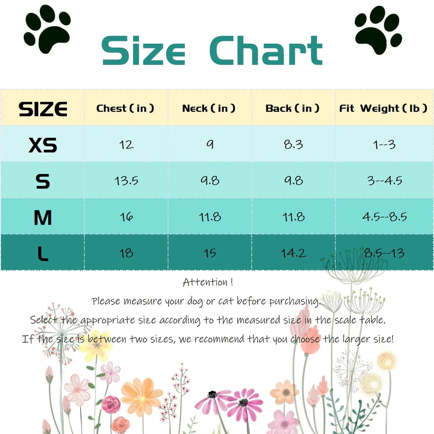 Size chart for funny pet shirts for small dogs with measurements for chest, neck, back, and weight