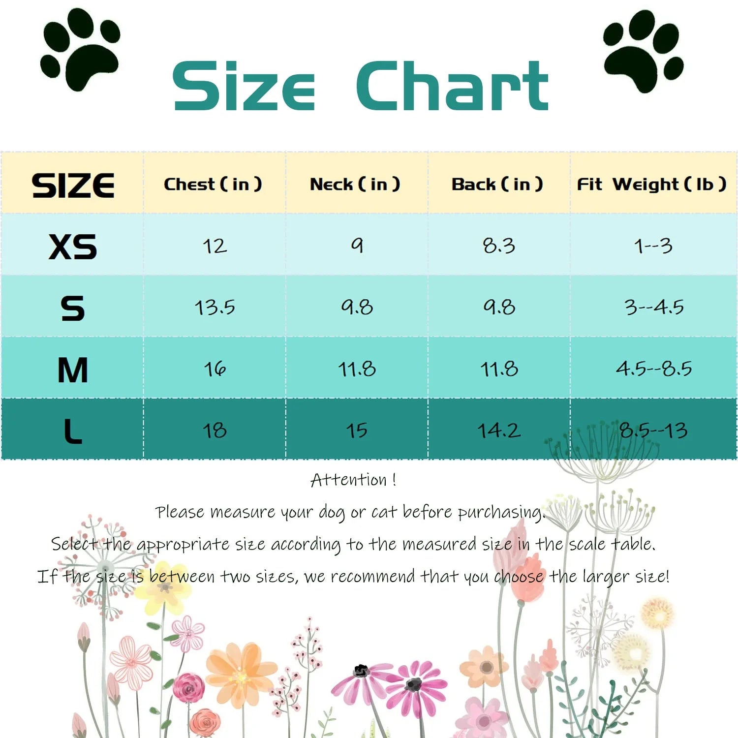 Size chart for funny pet shirts for small dogs with measurements for chest, neck, back, and weight