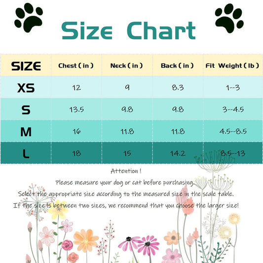 Size chart for funny pet shirts for small dogs with measurements for chest, neck, back, and weight