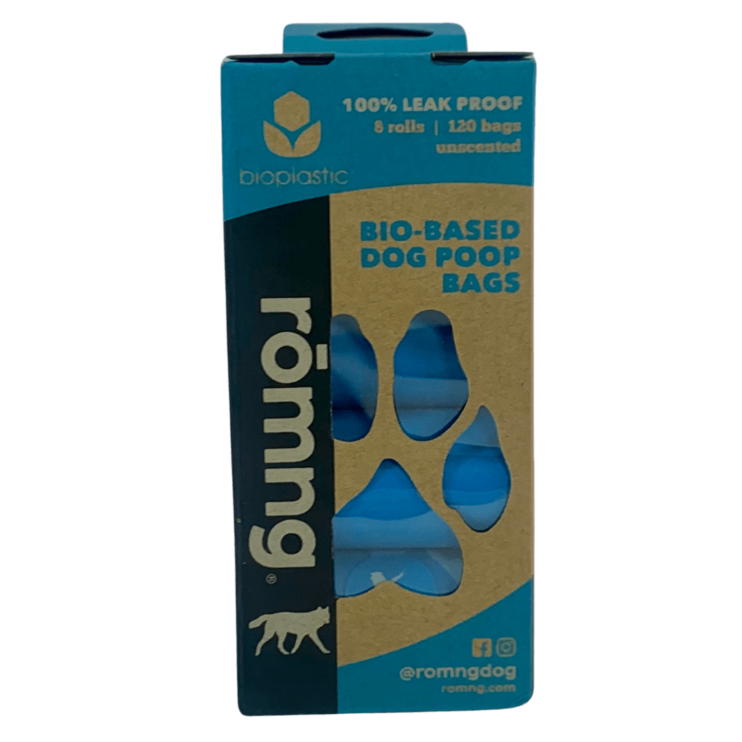 rōmng bio-based dog poop bags in blue, 100% leak-proof, 8 rolls with 120 unscented bags